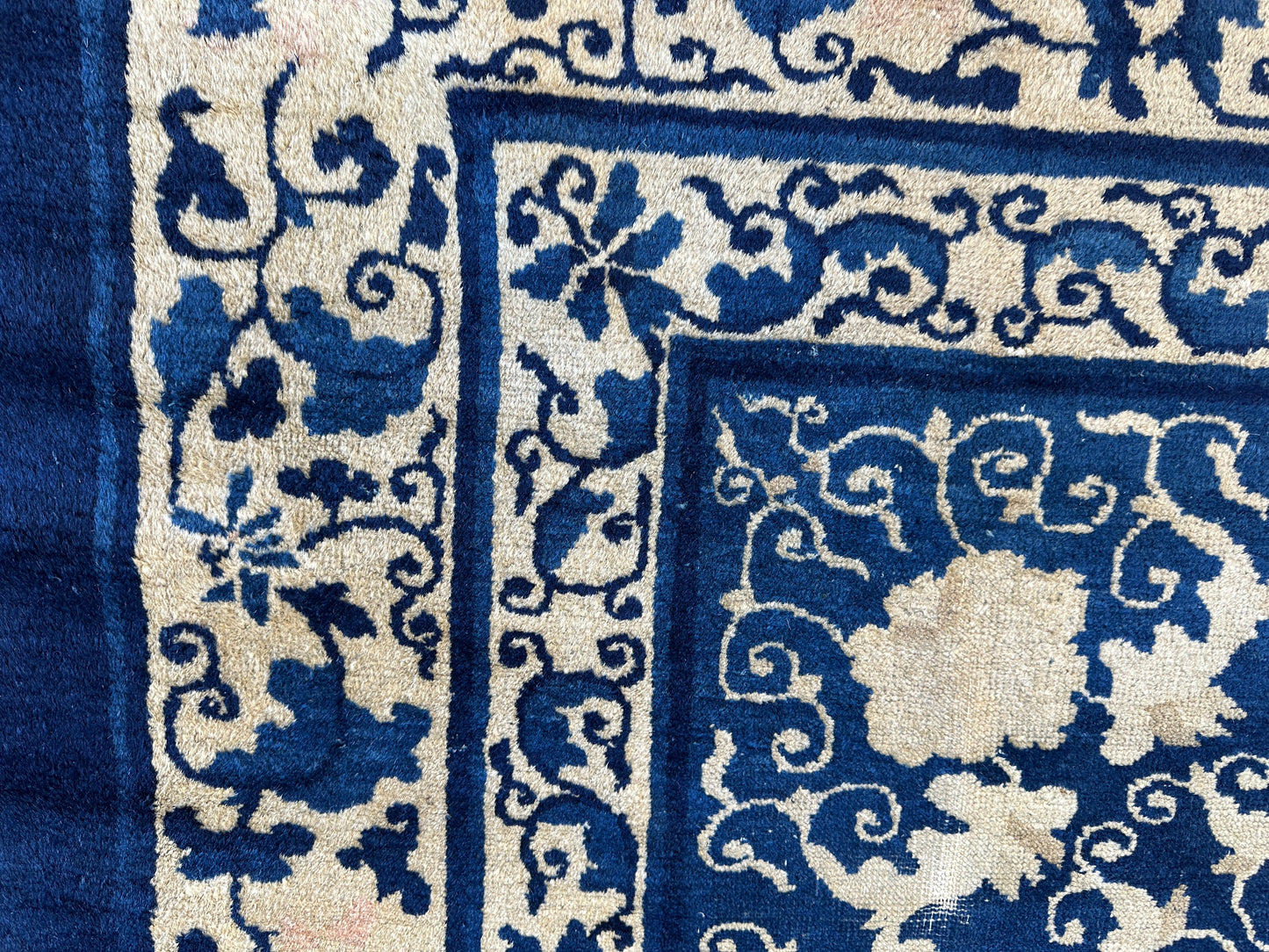 Hand-Knotted Antique Chinese Peking Wool Rug – 9’ x 11’5” – Distressed Blue, 19th Century - Tampa Home & Garden Store