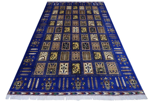 Hand-knotted Bakhtiari Afghan wool area rug in blue with rectangular motifs and fringe on Tampa Home & Garden Store