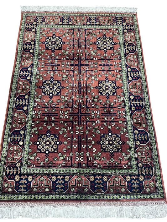 Hand-Knotted Bukharayi Rug Brown Wool 59x40 burgundy field navy border Rugistan on Tampa Home & Garden Store