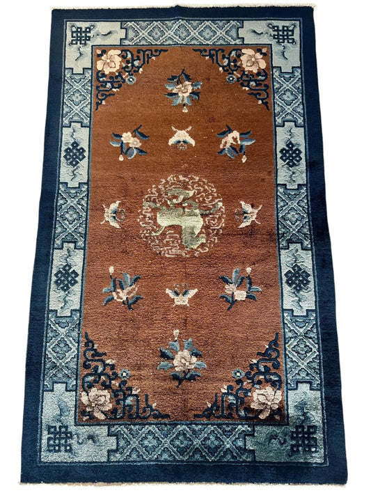 Hand Knotted Silk Peking Rug 3x5 Floral rug with burnt orange field and blue border Rugistan on Tampa Home & Garden Store