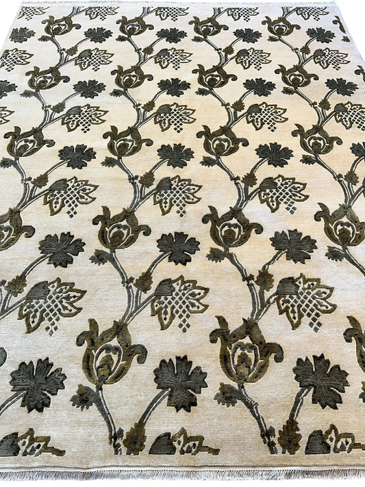 Hand-Knotted Indian Wool Area Rug beige field with dark brown floral vine pattern on Tampa Home & Garden Store