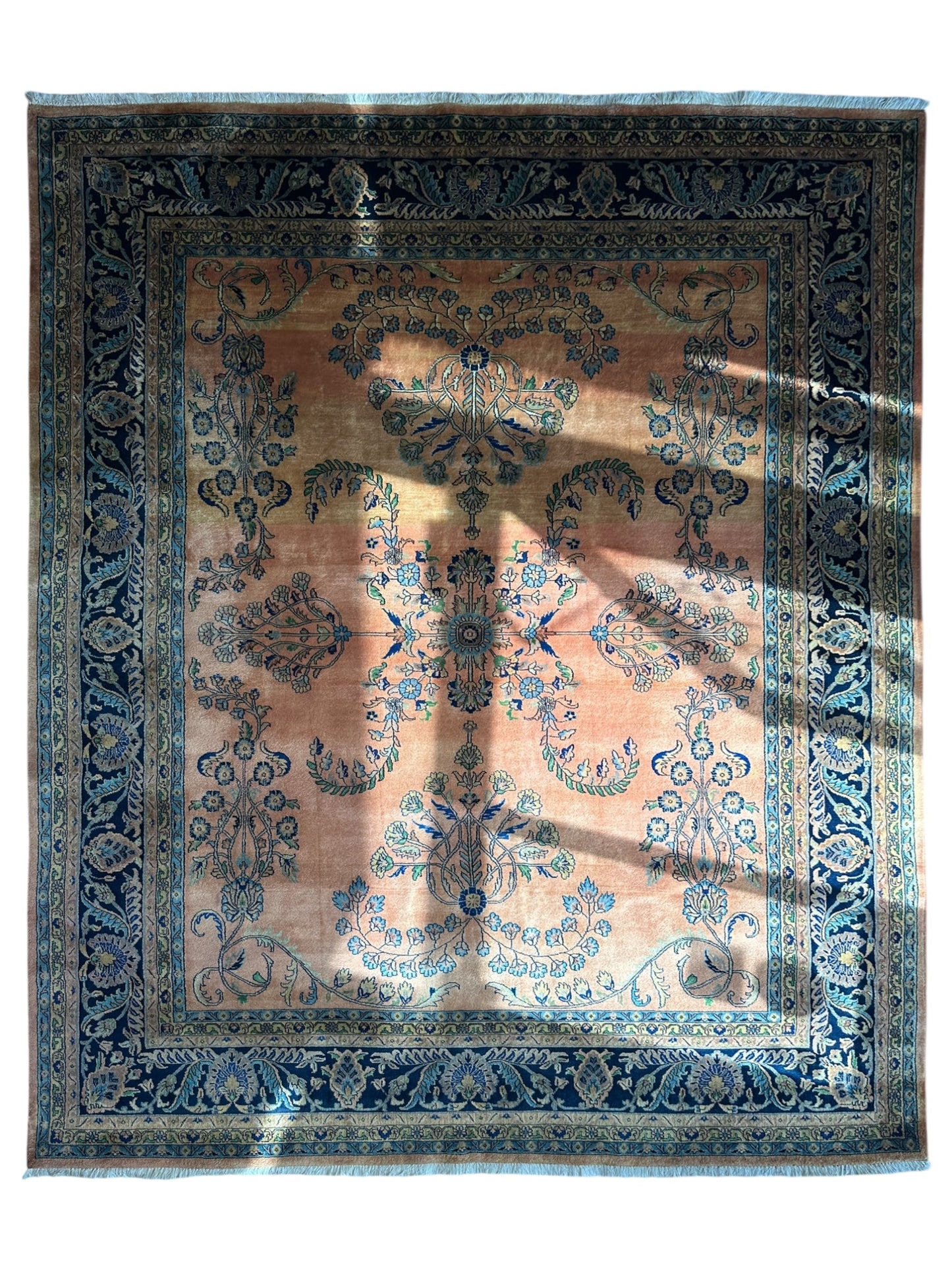 Hand-Knotted Indo-Sarouk Wool Rug – 8' x 10' – Peach Field with Navy Border - Tampa Home & Garden Store
