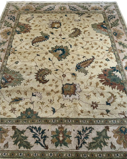 Hand-Knotted Oushak soft wool area rug 8x10 in beige with floral motifs and green-blue border on Tampa Home & Garden Store