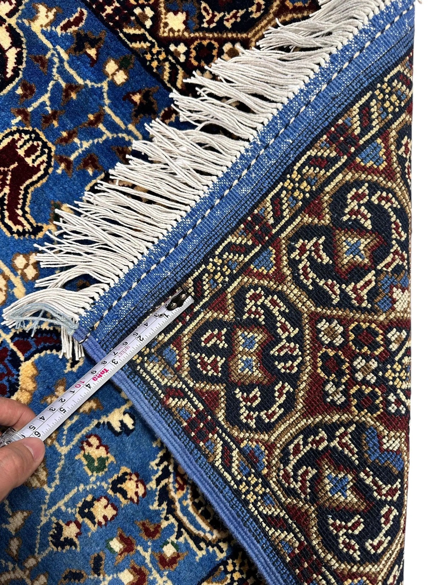 Hand Knotted Parak Rug Sky Blue Afghan Wool by Rugistan, blue floral motifs, white fringe, 40x60in on Tampa Home & Garden Store
