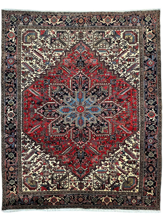 Hand-knotted Heriz wool rug 9x12 with central medallion in red, blue, ivory by Rugistan on Tampa Home & Garden Store