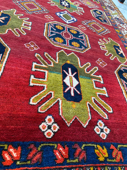 Hand knotted Persian Meshgin wool aisle runner in red with blue geometric design Rugistan on Tampa Home & Garden Store