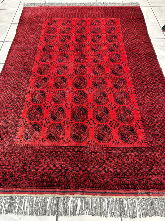 Hand-Knotted Turkoman Ersari Wool Rug red field with black geometric medallions and border on Tampa Home & Garden Store