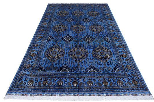 Hand knotted Afghan wool area rug in blue with geometric medallions 6x10 on Tampa Home & Garden Store