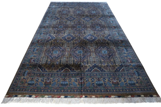 Hand-Knotted Zerkhaki Afghan Wool Area Rug with blue and brown geometric medallions by Rugistan on Tampa Home & Garden Store