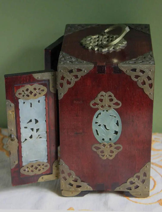 Handmade wooden jewelry cabinet set with two pieces, brass hardware, ornate corner plates on Tampa Home & Garden Store