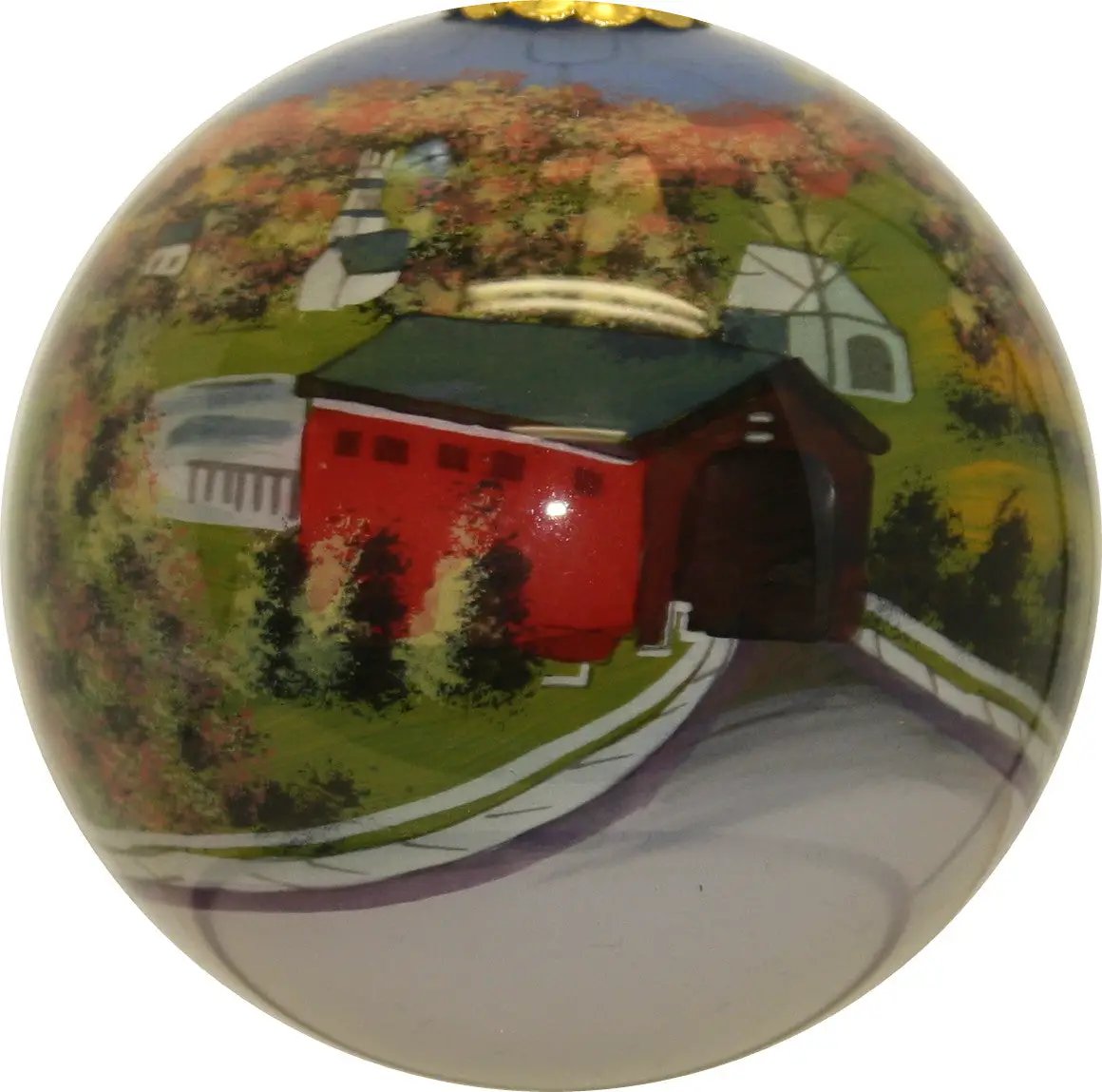 Hand Painted Glass Globe Ornament depicting Vermont covered bridge scene on Tampa Home & Garden Store