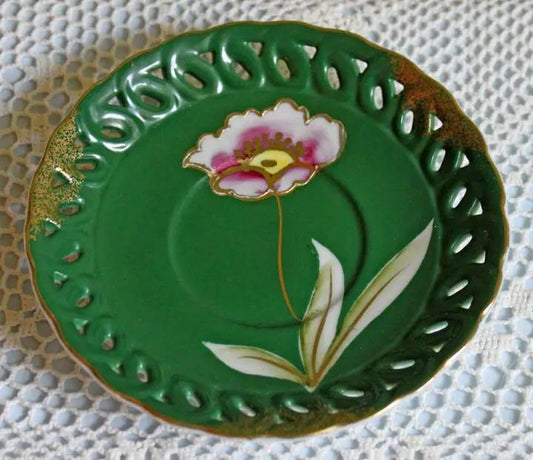 Green hand painted ceramic tea cup saucer with pink bloom and gold trim, Japan on Tampa Home & Garden Store