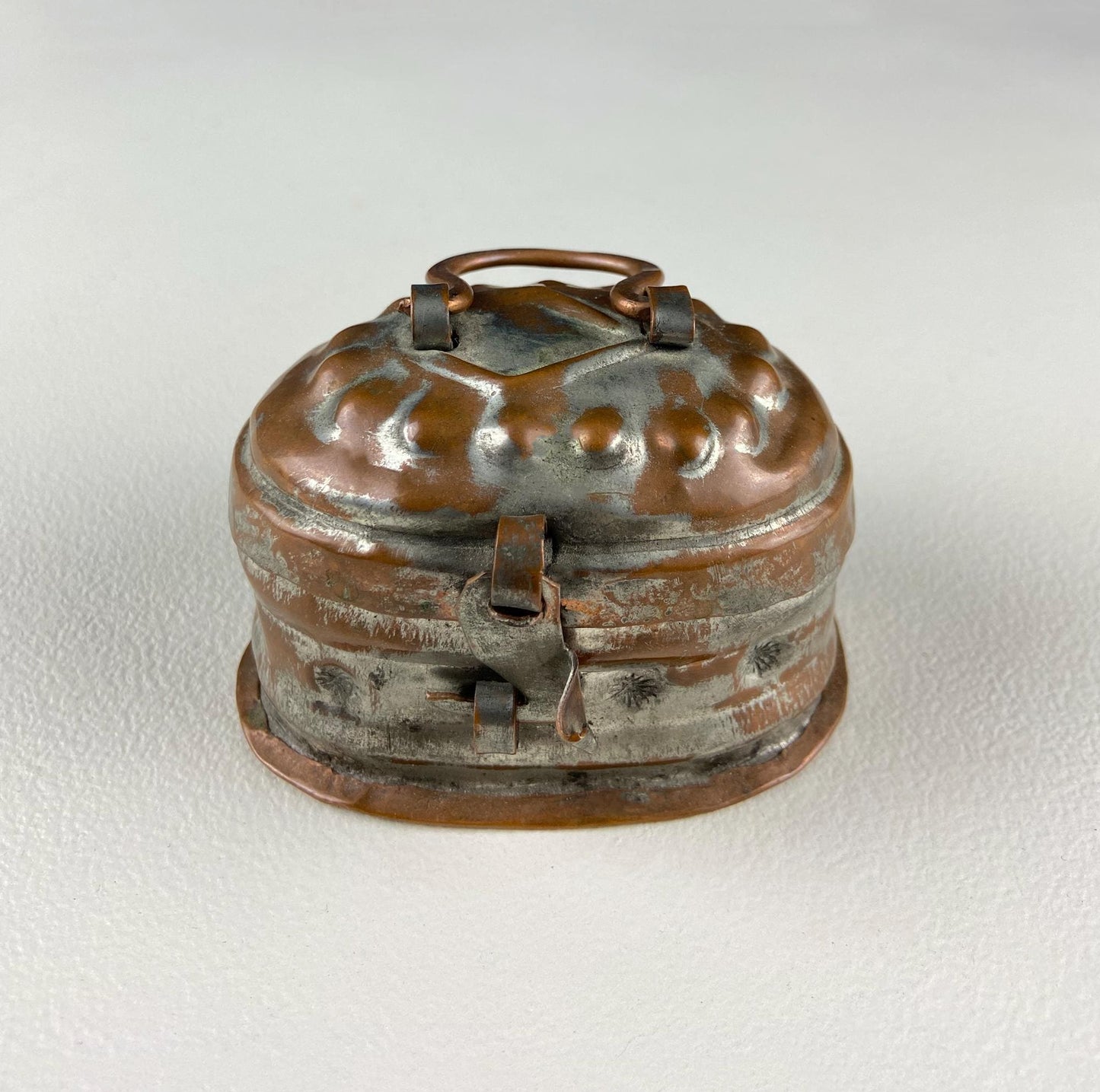 Hand Pounded Copper Cricket Box with Hinged Lid; hammered finish and patina on Tampa Home & Garden Store