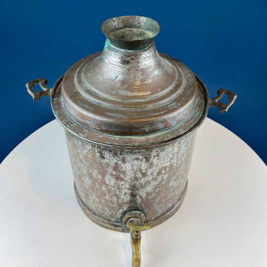 Hand Pounded Tin Copper Turkish Jug with Spigot, antique patina, hammered surface, dual handles, on Tampa Home & Garden Store