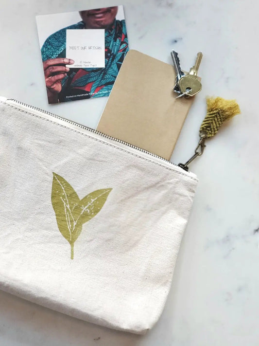 Hand Screen-Printed Cotton Canvas Pouch with tassel beige gold leaf design by KORISSA on Tampa Home & Garden Store