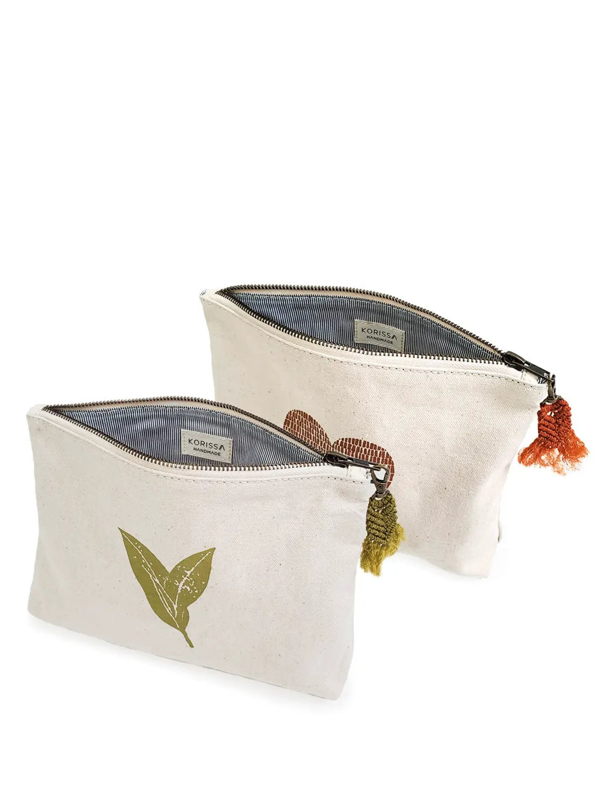 Hand Screen Printed Cotton Canvas Pouch Tassel by Korissa, cream canvas with leaf print, striped lining, two pouches on Tampa Home & Garden Store