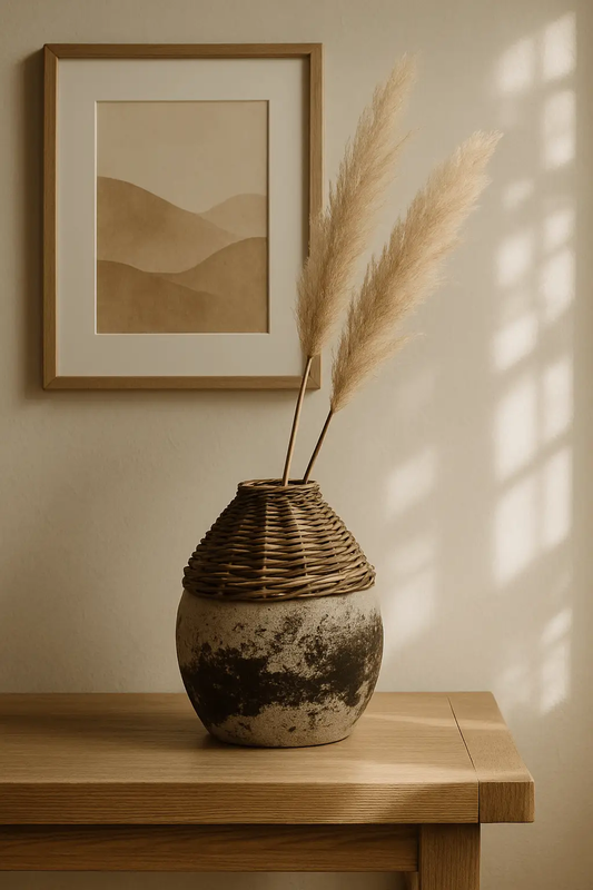 Hand-Woven Rattan and Clay Vase Distressed, ceramic with rattan neck, White Cliff Studio on Tampa Home & Garden Store