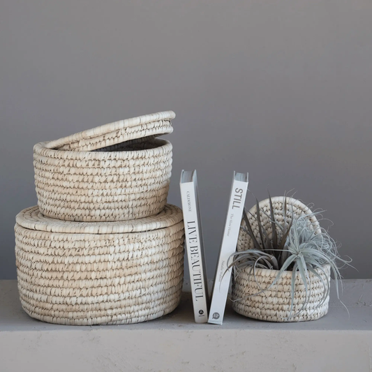Handwoven storage baskets with lids, set of 3 in natural beige rattan by White Cliff Studio on Tampa Home & Garden Store