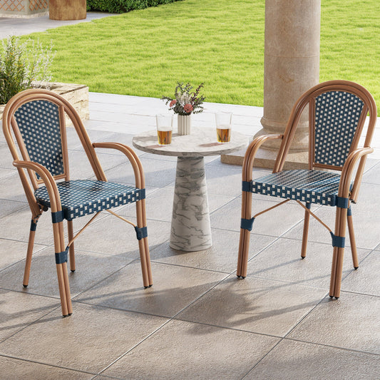 Hand-Woven PE Wicker Outdoor French Bistro Chairs Set of 2-Blue - Tampa Home & Garden Store