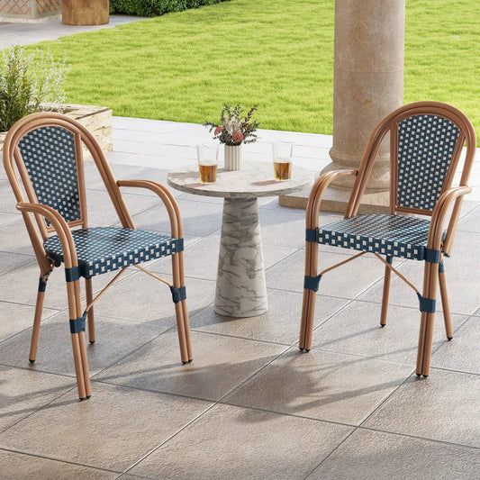 Hand-Woven PE Wicker Outdoor French Bistro Chairs Set of 2-Blue - Tampa Home & Garden Store