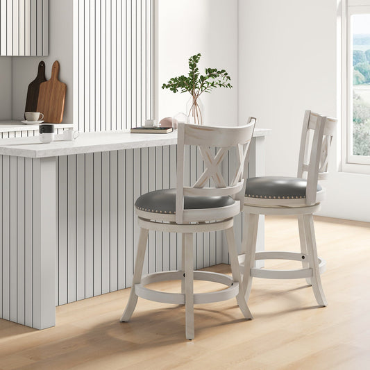 25.5 Inch Hand-Antiqued Stool Set of 2 with Wider Padded Seat-White - Tampa Home & Garden Store