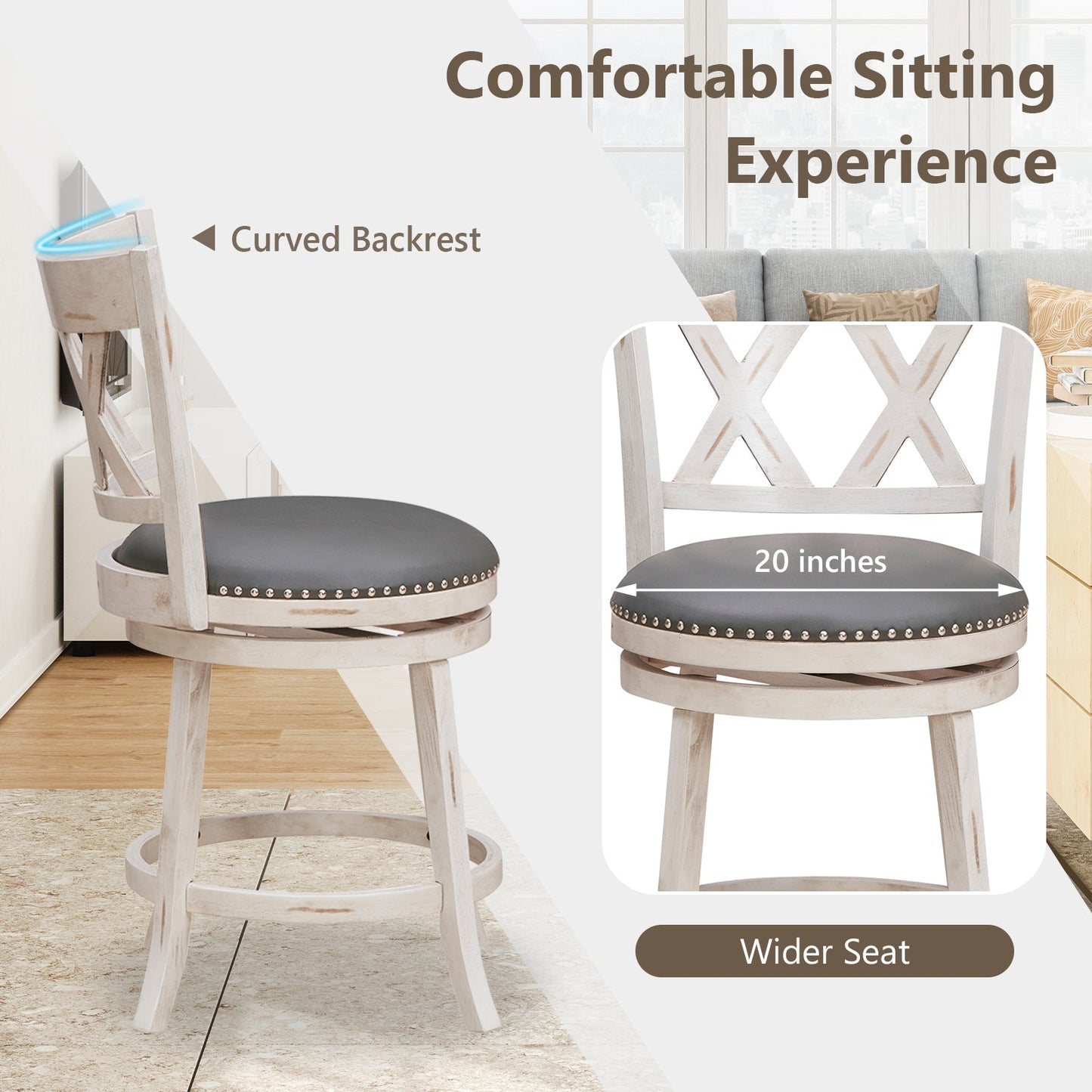 Juego de 2 taburetes blanqueados a mano de 64,7 cm con asiento acolchado más ancho - Blanco
