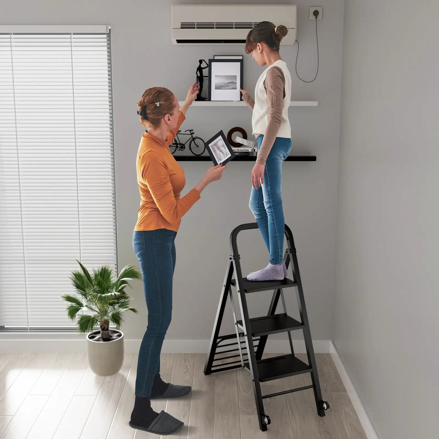 2-in-1 hand truck and ladder with wheels, black steel space-saving ladder cart in living room on Tampa Home & Garden Store