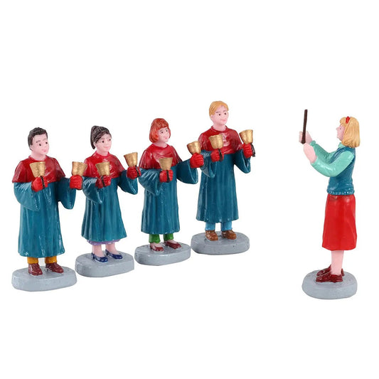 Handbell choir five-piece figurine set in red and teal robes with gold bells on gray bases on Tampa Home & Garden Store