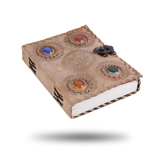 Handcrafted vintage 4-stone tan leather diary with 200 pages, patterns and gemstone insets on Tampa Home & Garden Store