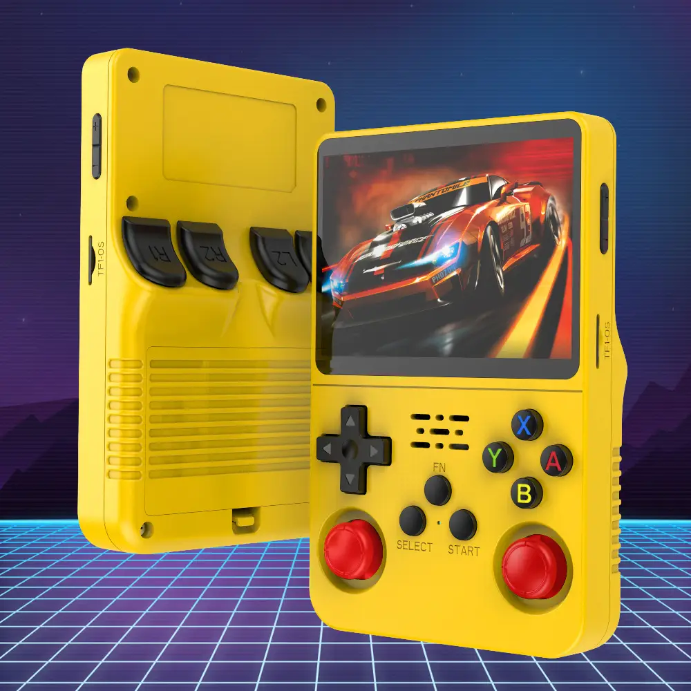 Retro handheld console in yellow with 3.5-inch IPS screen and red joysticks Moktan Sabai on Tampa Home & Garden Store