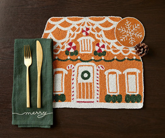 Handicraft Gingerbread House Beaded Placemat, Christmas decoration gift for her – Christmas Handmade Beaded Placemats for Dining - Tampa Home & Garden Store
