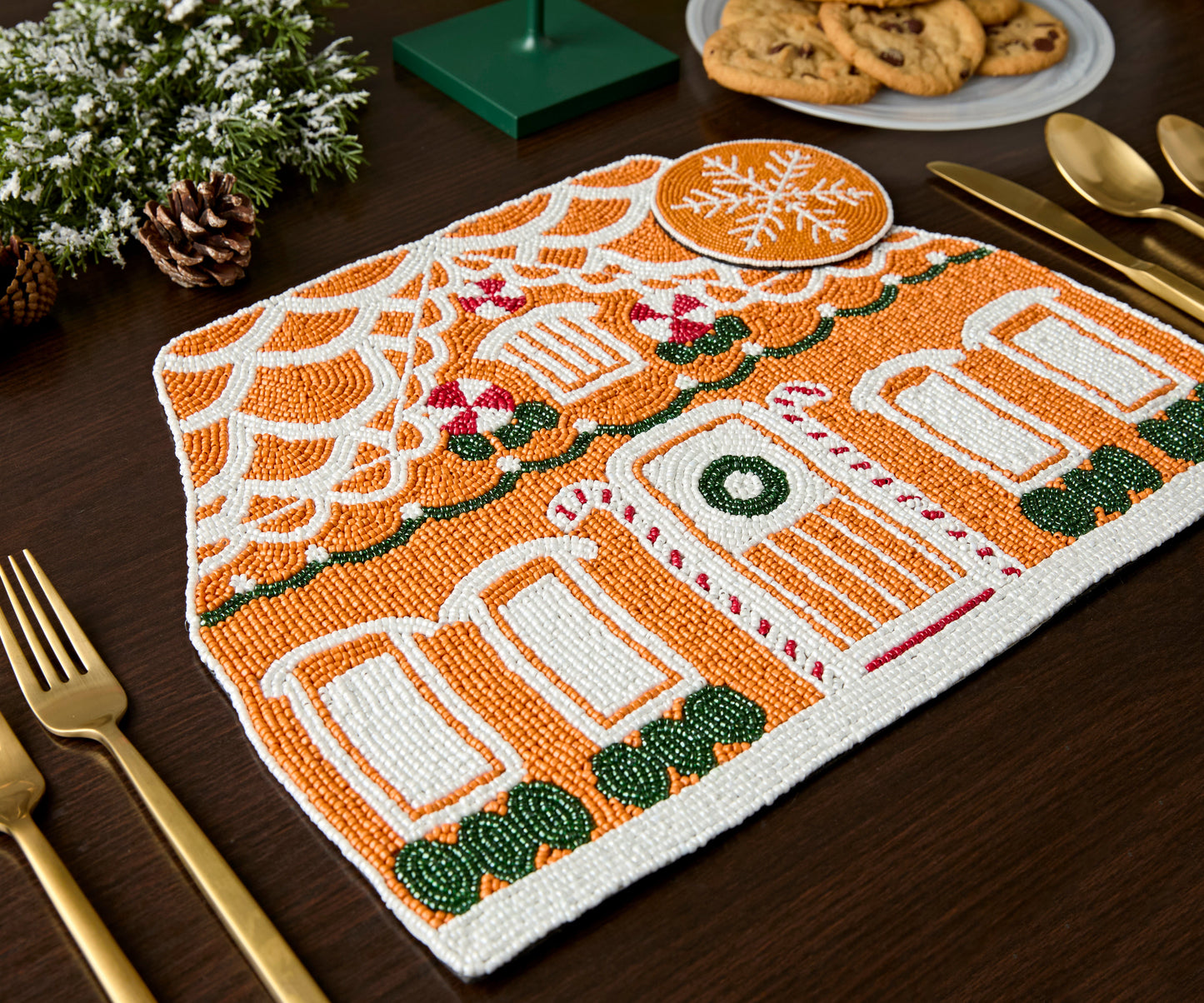 Handicraft Gingerbread House Beaded Placemat, Christmas decoration gift for her – Christmas Handmade Beaded Placemats for Dining - Tampa Home & Garden Store