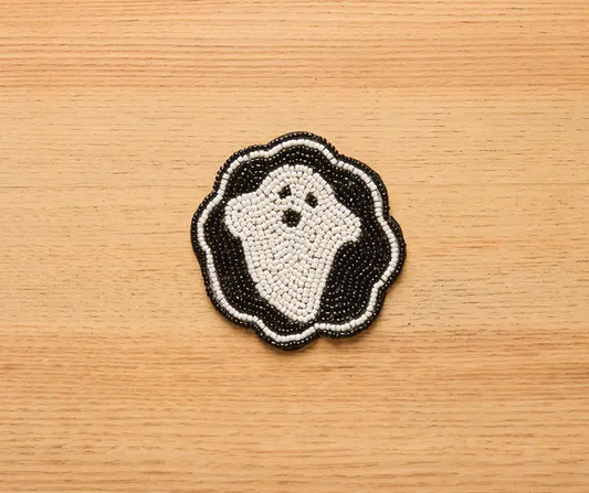 Beaded ghost coaster handmade by Payton James, Halloween decor in black and white beads on Tampa Home & Garden Store