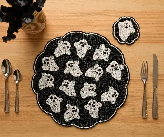 Handmade Beaded Ghost Coaster set, Payton James, black coasters with white ghost motifs on Tampa Home & Garden Store