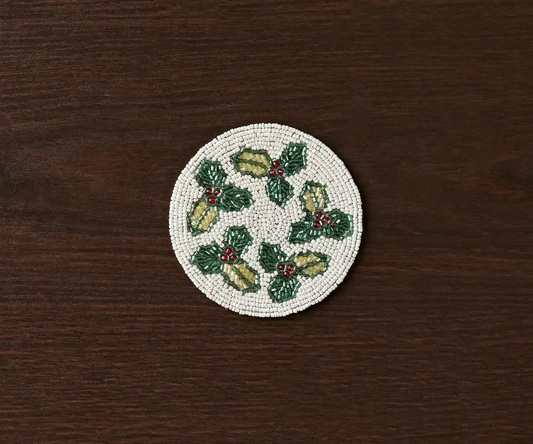 Handmade Beaded Holiday Coaster holly leaf motif in green with red berries by Payton James on Tampa Home & Garden Store