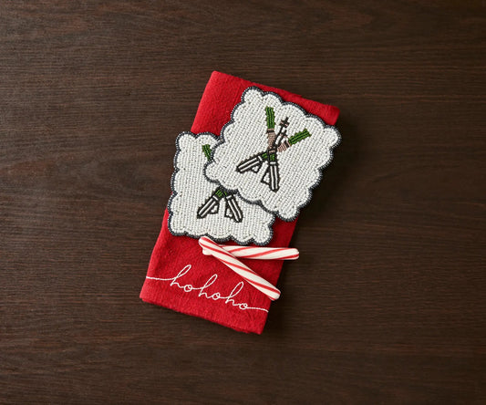 Handmade beaded ski coaster with pearls, white snowflake on red fabric, Payton James on Tampa Home & Garden Store