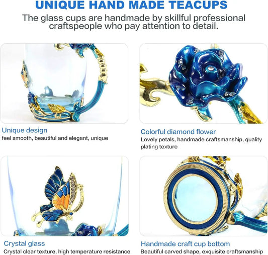 Enamel teacup set with blue glaze, gold accents and floral butterfly design handmade on Tampa Home & Garden Store