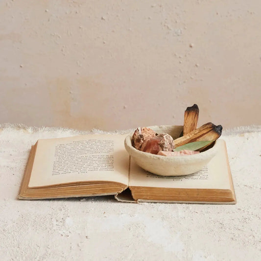 Handmade paper mache small jewelry bowl with cream finish, stones and charred wood on Tampa Home & Garden Store