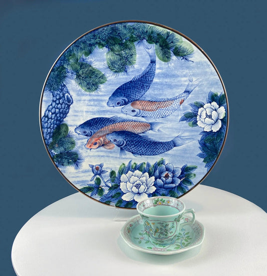 Handpainted Koi Fish Platter with blue koi and flowers decorative plate by Anything Discovered on Tampa Home & Garden Store