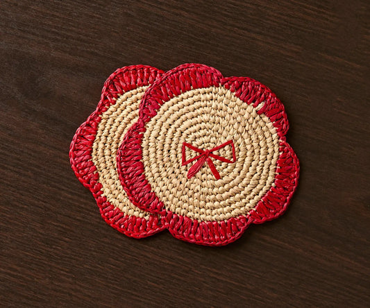 Handwoven raffia fringe coaster set in natural beige with red borders, 3-piece by Payton James on Tampa Home & Garden Store