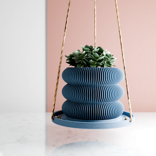 Hanging Plant Pot Tray blue ribbed PUDDLE wave design by Modernized Pottery plant hangers on Tampa Home & Garden Store