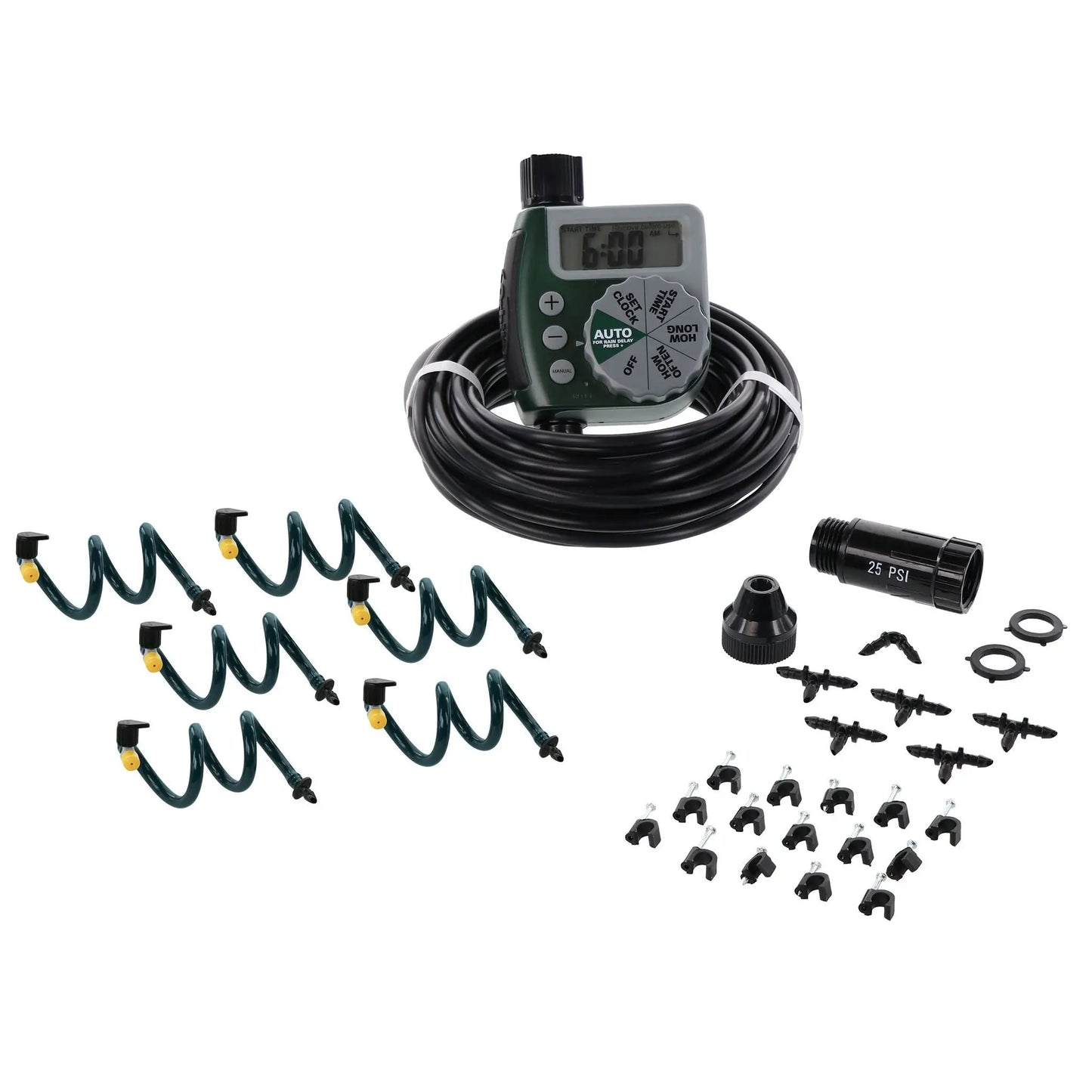 Orbit Hanging Basket Drip Irrigation Kit with faucet timer and coiled black tubing on Tampa Home & Garden Store