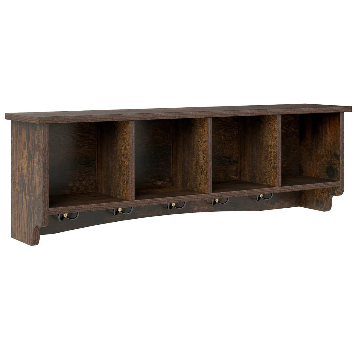 Wall mounted storage cabinet with coat rack in dark brown wood, 4 cubbies & 4 hooks on Tampa Home & Garden Store