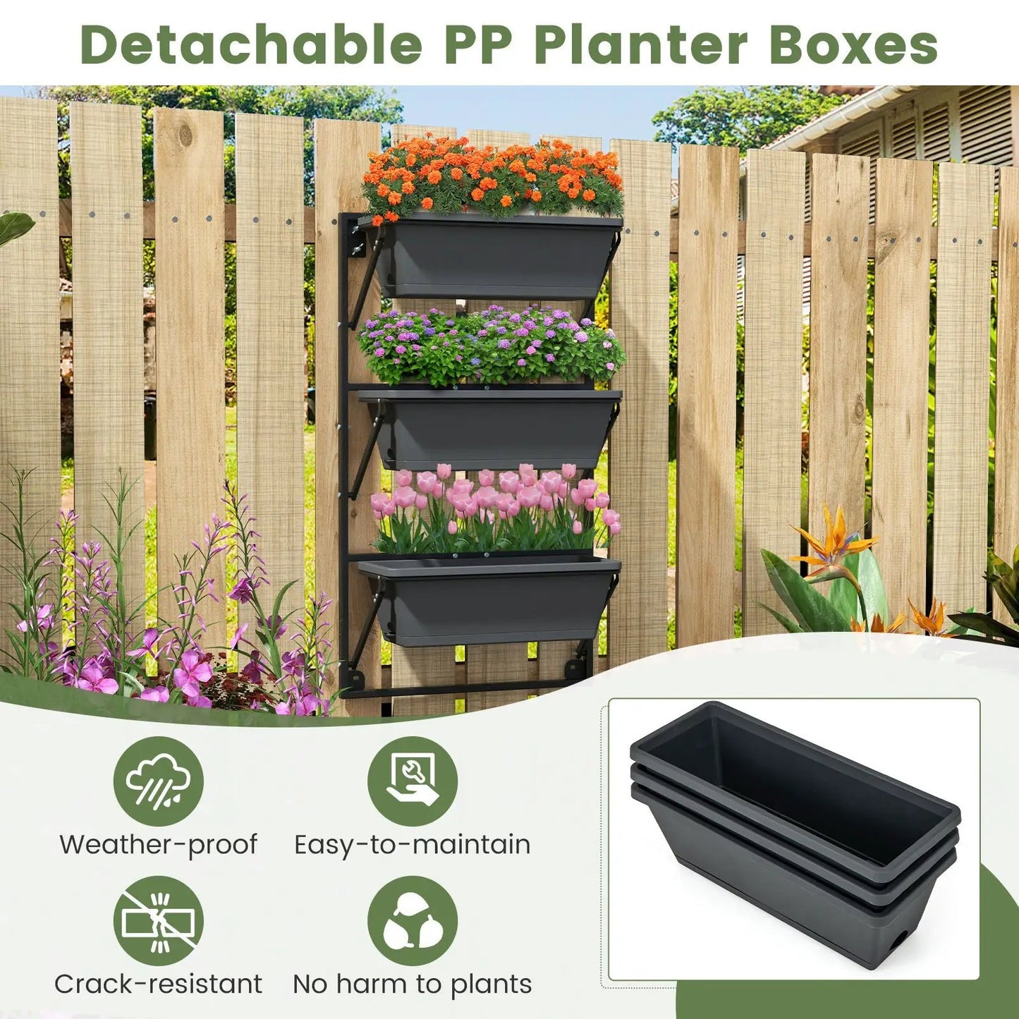 Hanging vertical planter with detachable hooks, 4-tier dark gray PP planter boxes on stand on Tampa Home & Garden Store