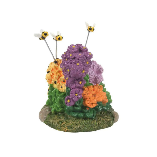 Happily Pollinating Garden Bee Figurine with purple and orange flowers on green base on Tampa Home & Garden Store
