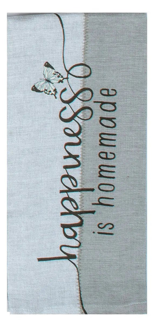 Happiness Is Homemade tea towel, white farmhouse linen with black script butterfly accent on Tampa Home & Garden Store