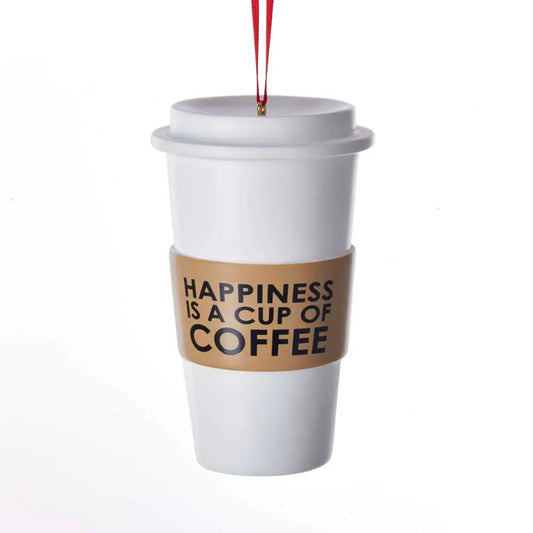 Happiness Is Cup of Coffee Ornament white to-go mug with tan sleeve and red ribbon on Tampa Home & Garden Store