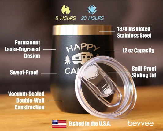 Bevvee Happy Camper Wine Tumbler with Sliding Lid, 12 oz, 18/8 stainless steel, double-wall on Tampa Home & Garden Store