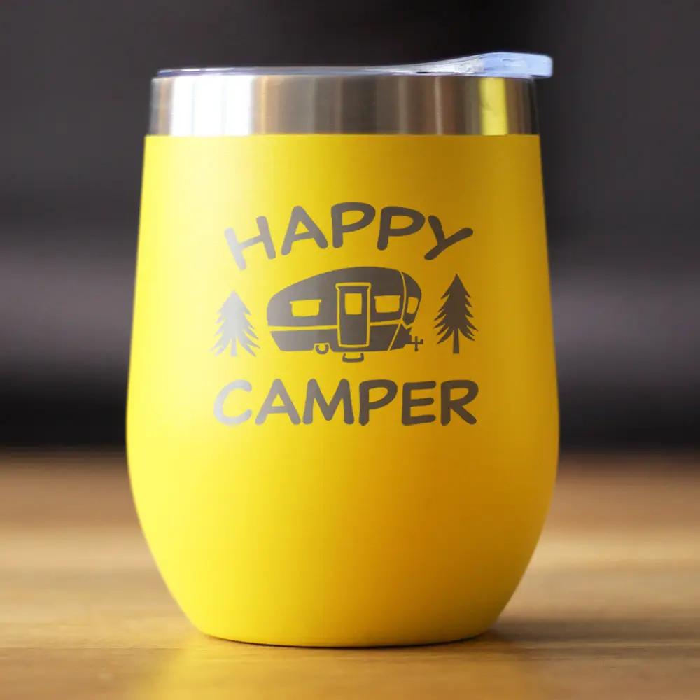 Happy Camper wine tumbler with sliding lid, yellow insulated cup on Tampa Home & Garden Store