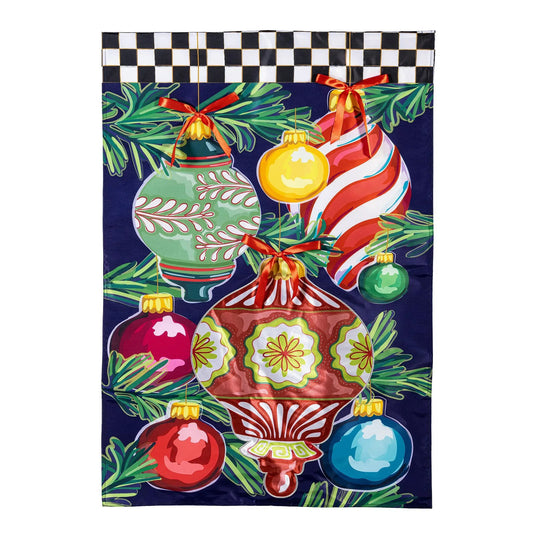 Happy Holidays Ornaments Applique House Flag with ornaments on navy backdrop by Evergreen on Tampa Home & Garden Store